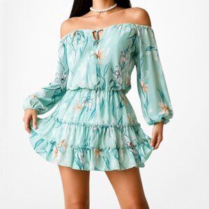 Revolve Yumi Kim Blue Floral Off The Shoulder Long Sleeve Mini Dress Size XS